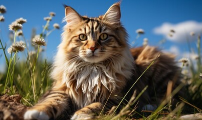 Obraz premium A close-up photo of a fluffy Maine Coon cat with a long, thick fur coat looking curiously at the camera. The cat is laying in green grass with a blurred background