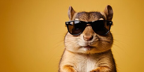 Chipmunk with Sunglasses on a Solid Background, Featuring Ample Copy Space
