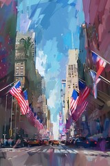 Obraz premium Digital painting of a parade with flags for Patriot Day.