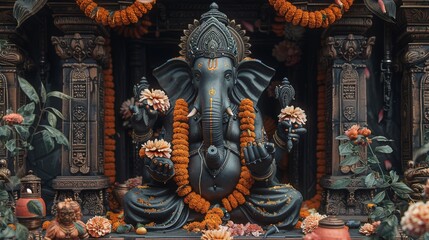 Fototapeta premium Ganesha Temple Statue Decoration for Ganesh Festival Greeting Card