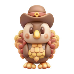 A 3d cartoon turkey with a pilgrim hat on its head as a thanksgiving icon