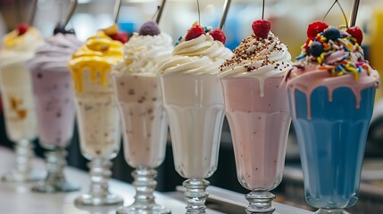 delicious milkshakes on a counter at a diner