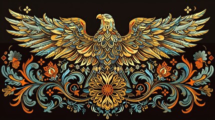 Fototapeta premium Beautiful eagle in intricate arabesque pattern on a black background. Islamic art concept.