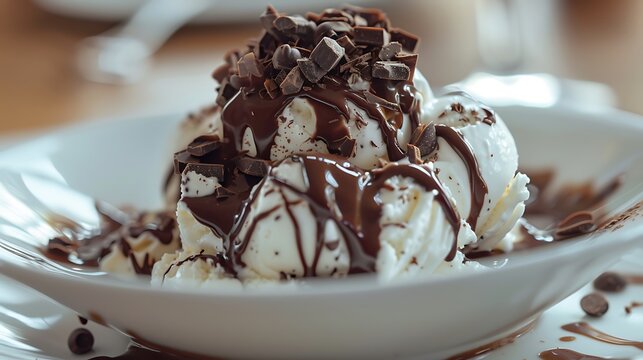 Delicious stracciatella ice cream dessert with chocolate topping