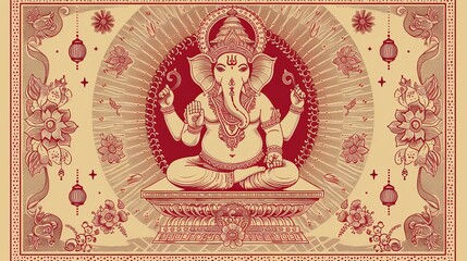 Obraz premium Lord Ganpati on Ganesh Chaturthi background. Red and White Colors for Hindu Celebration.