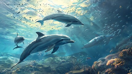 Obraz premium dolphins swimming in water with fish