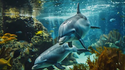 Fototapeta premium dolphins swimming in water with fish