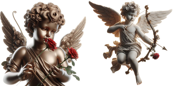 vintage romantic illustration of a cherub or cupid with bow and arrow isolated on a transparent background, generative ai	
