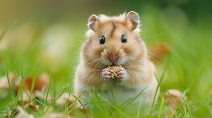 Dwarf fluffy hamster eats grain on green background front view