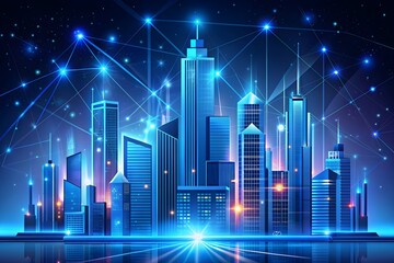 City skyline with neon lights, futuristic buildings. Skyscraper futuristic city.