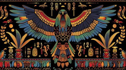 Obraz premium Elegant Egyptian art style falcon pattern in vibrant colors on a black background.