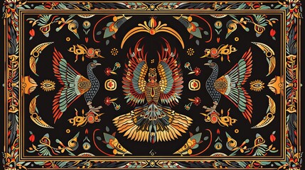 Elegant Egyptian art style ibis pattern in vibrant colors on a black background.