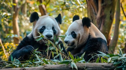 Giant pandas bear pandas, baby panda and his mother eating bamboo