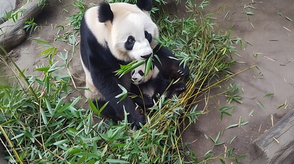 Fototapeta premium Giant pandas bear pandas baby panda and his mother eating bamboo top view