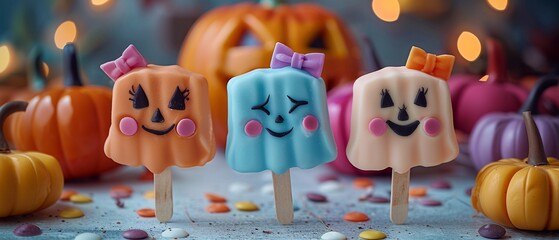 Obraz premium Halloween ice cream pops vampire with bow, pumpkin with smile, and ghost with eerie face, festive treats 8K , high-resolution, ultra HD,up32K HD