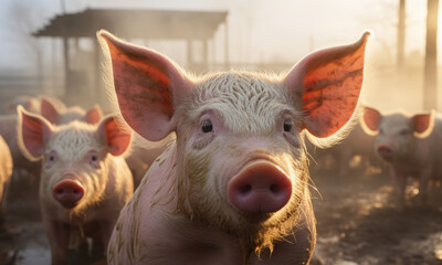 pigs in industrial farm. intensive animal farming. livestock, close-up portrait.