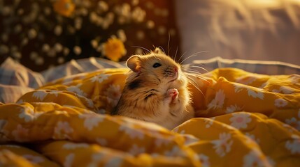 Obraz premium Golden hamster in a cozy bedroom praying