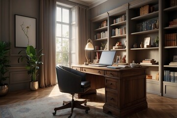 Interior design of elegant study room with a lot of books, table and chair furniture