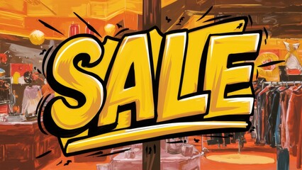 Illustration of a large, colorful 'SALE' sign. The sign is painted with bold strokes, creating an energetic and cheerful atmosphere.