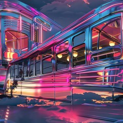 Obraz premium Artistic rendering of a retro diner at dusk, with its neon lights casting a warm glow on the polished chrome and reflective surfaces