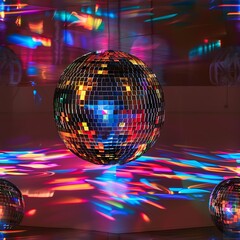 Fototapeta premium High-resolution image of a disco ball suspended in a dark room, its reflective surfaces casting vibrant patterns across the walls and floor