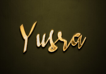 Old gold text effect of name Yusra with 3D glossy style Mockup.