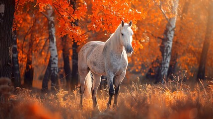 Obraz na płótnie Canvas Horse in orange autumn trees