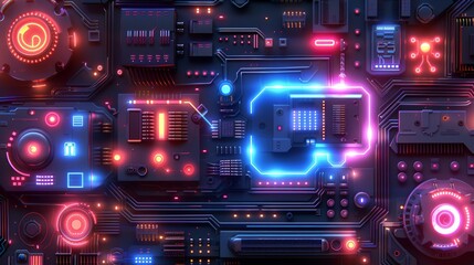 Fototapeta premium Electronic Circuit with Neon Light Effect 