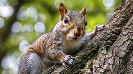 Obraz premium squinting squirrel in a backyard tree