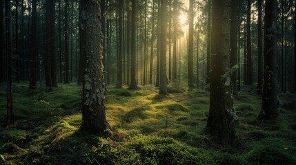 Fototapeta premium Sunlight filtering through dense forest trees, illuminating a lush, green forest floor. Serene and tranquil nature landscape.