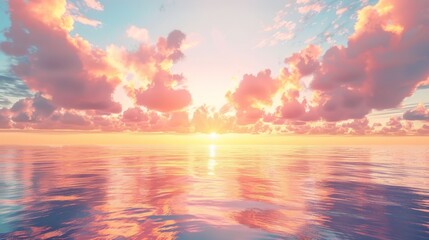 Fototapeta premium Breathtaking sunrise over calm ocean waters with vibrant pink and orange clouds reflecting in the serene sea, creating a tranquil atmosphere.