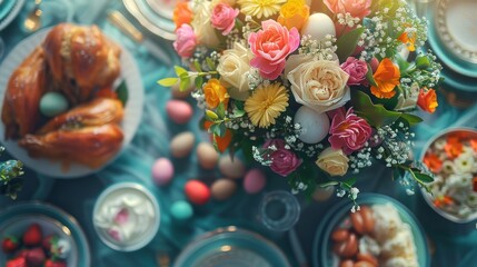 Easter table setting with roasted chicken, eggs, flowers and pastel decorations.