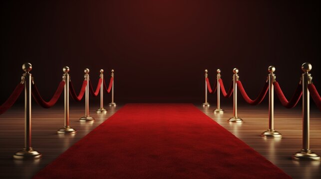 Elegant red carpet event setup with velvet ropes and golden stanchions under spotlight in a luxurious setting, perfect for celebrity and VIP occasions.