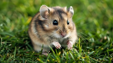 The hamster is sitting on the green grass