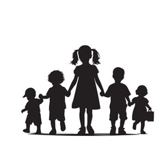 walking   childern  silhouette,Stride of Innocence: Vintage Silhouettes of Children Walking