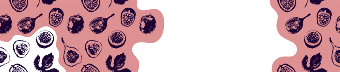 Passion fruit seamless pattern. Vector passion fruit background. Tropical banner template with hand drawn granadilla pattern. Exotic fruits.