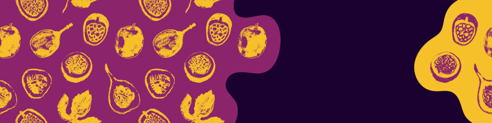 Passion fruit seamless pattern. Vector passion fruit background. Tropical banner template with hand drawn granadilla pattern. Exotic fruits.