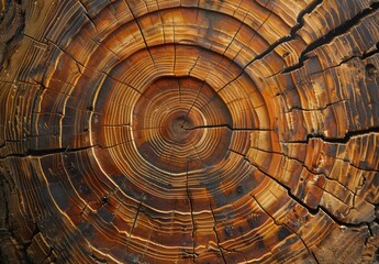 Fototapeta premium Cross-section of a tree trunk showing its growth rings and the detailed texture of the wood grain
