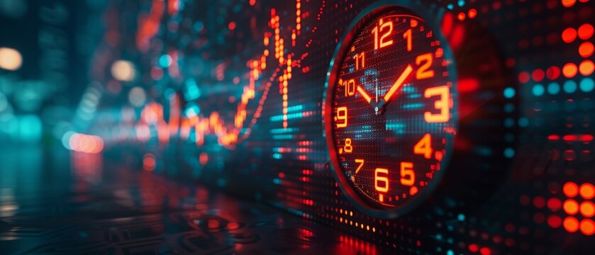 Clock on stock market data screen, symbolizing time and financial trading, market analysis background 8K , high-resolution, ultra HD,up32K HD