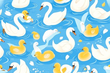 Cute swans and ducklings seamless pattern