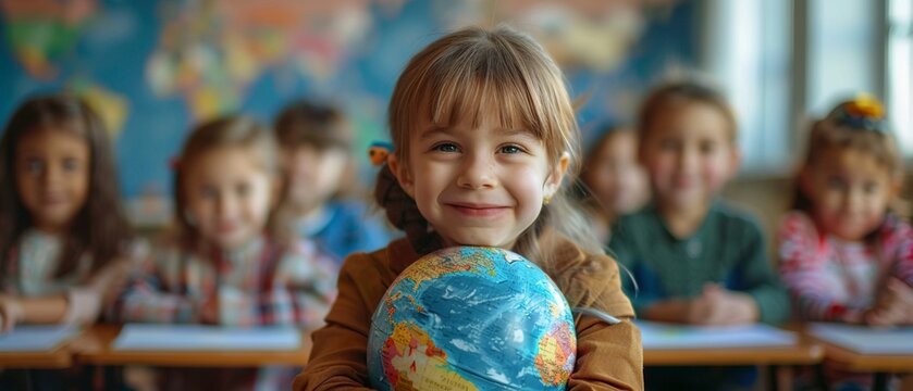 Happy children holding globe, diverse group in classroom, learning about the world together 8K , high-resolution, ultra HD,up32K HD