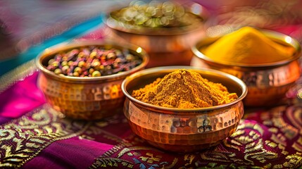 Fototapeta premium Close-up of traditional Indian spices in copper bowls, including turmeric, cumin, coriander, and garam masala, arranged on a vibrantly patterned fabric. Generative AI