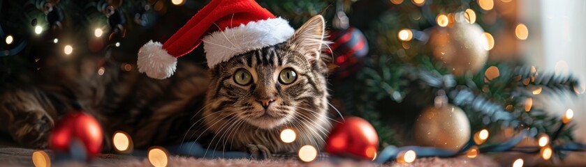 A fluffy tabby cat with green eyes, sitting by a decorated Christmas tree, wearing a handmade cardboard Santa hat with a white pom-pom, surrounded by twinkling fairy lights and festive ornaments - Powered by Adobe