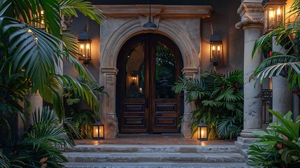 Fototapeta premium Opulent entrance to a luxury spa retreat with a grand staircase, marble flooring, a large crystal chandelier and a beautiful archway.$