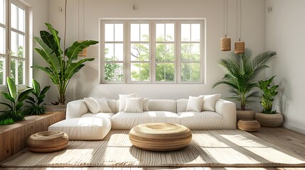 A bright and airy living room with a large white sofa, green plants, and wooden accents bathed in natural sunlight from windows facing lush greenery. 