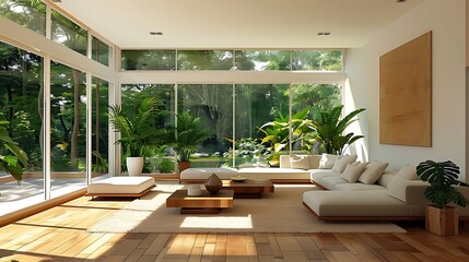 Modern living room with large windows overlooking a forest, furnished with minimalist sofas and wooden elements, illuminated by natural light. 
