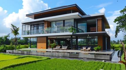 Fototapeta premium Modern two-story house with large windows and a balcony, overlooking a lush green lawn under a blue sky with clouds. 