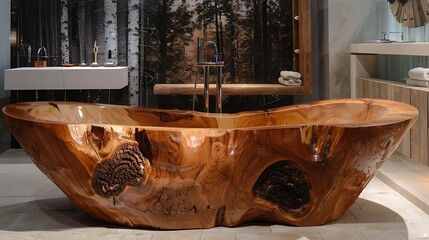Luxurious wooden bathtub in a modern bathroom with forest view wallpaper creates a natural sanctuary for relaxation. 