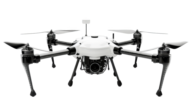 High-quality quadcopter drone with mounted camera for professional aerial photography and videography. isolated white background, transparent background. - Powered by Adobe