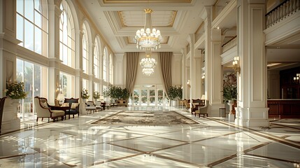 Elegant and spacious interior of a luxurious hotel lobby with grand chandeliers and sophisticated decor.